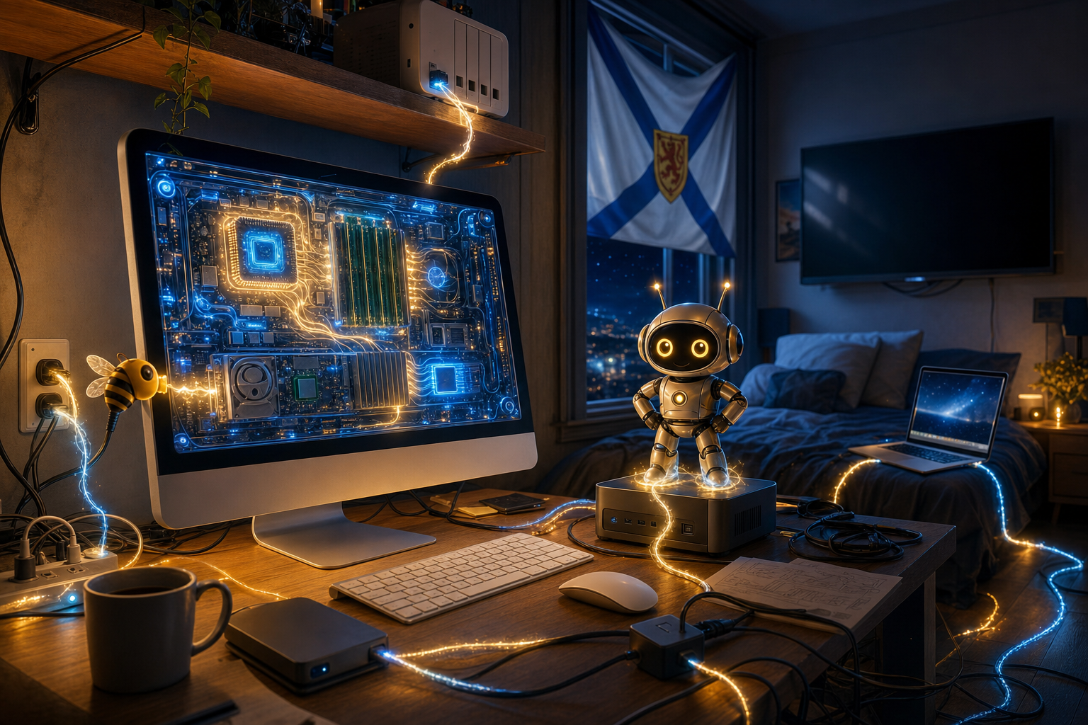 Robot and Bee computer repair themed artwork