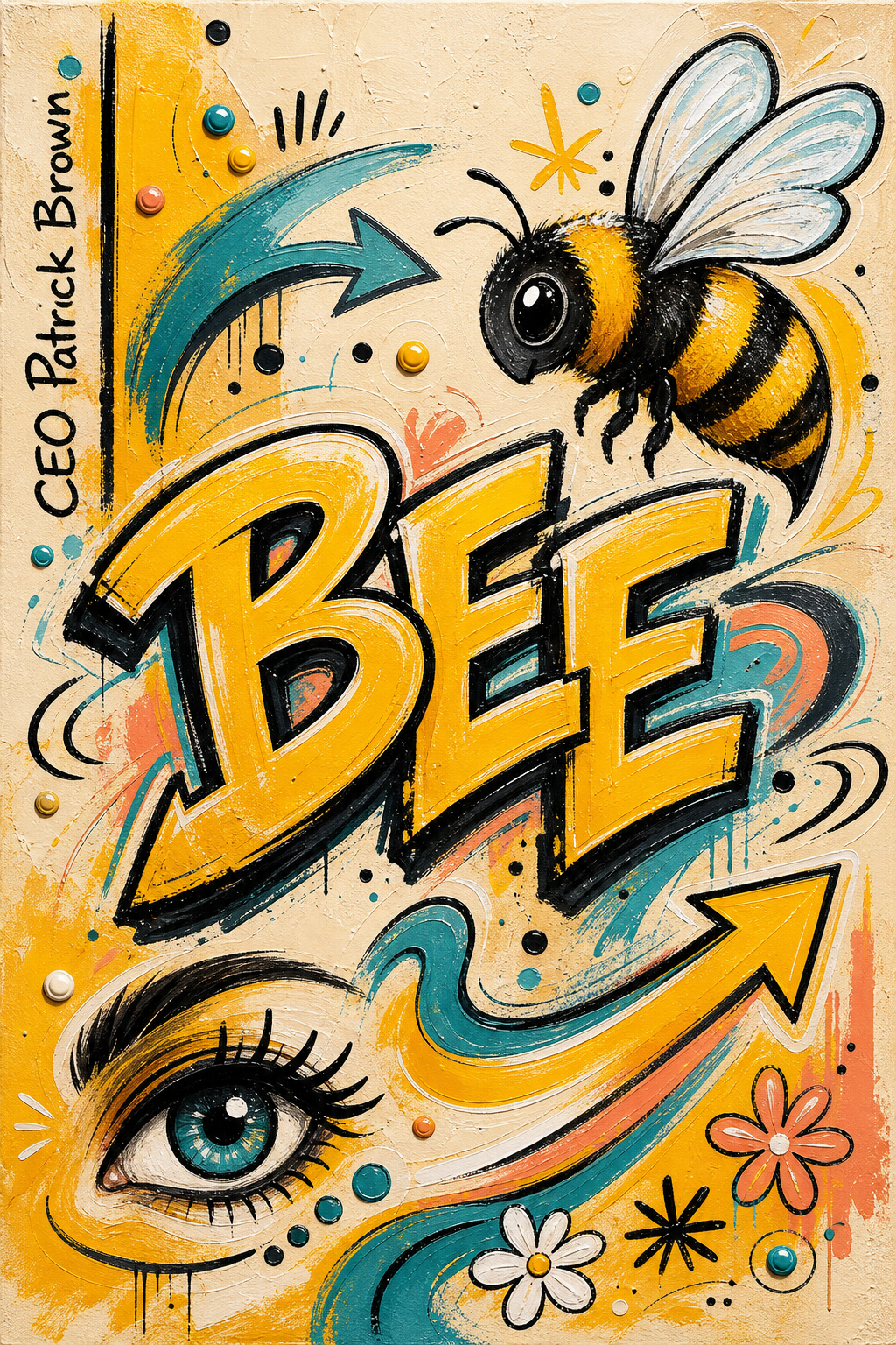 Bright polished Bee artwork with CEO Patrick Brown signature and yellow bee
