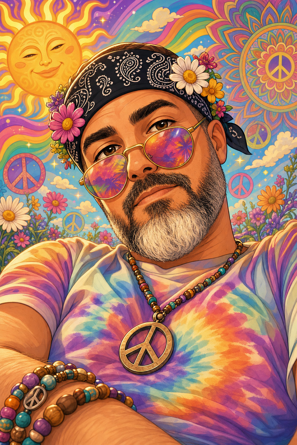 Cartoon hippie selfie art portrait with bandana, beard, tie-dye colours, flowers, and psychedelic background