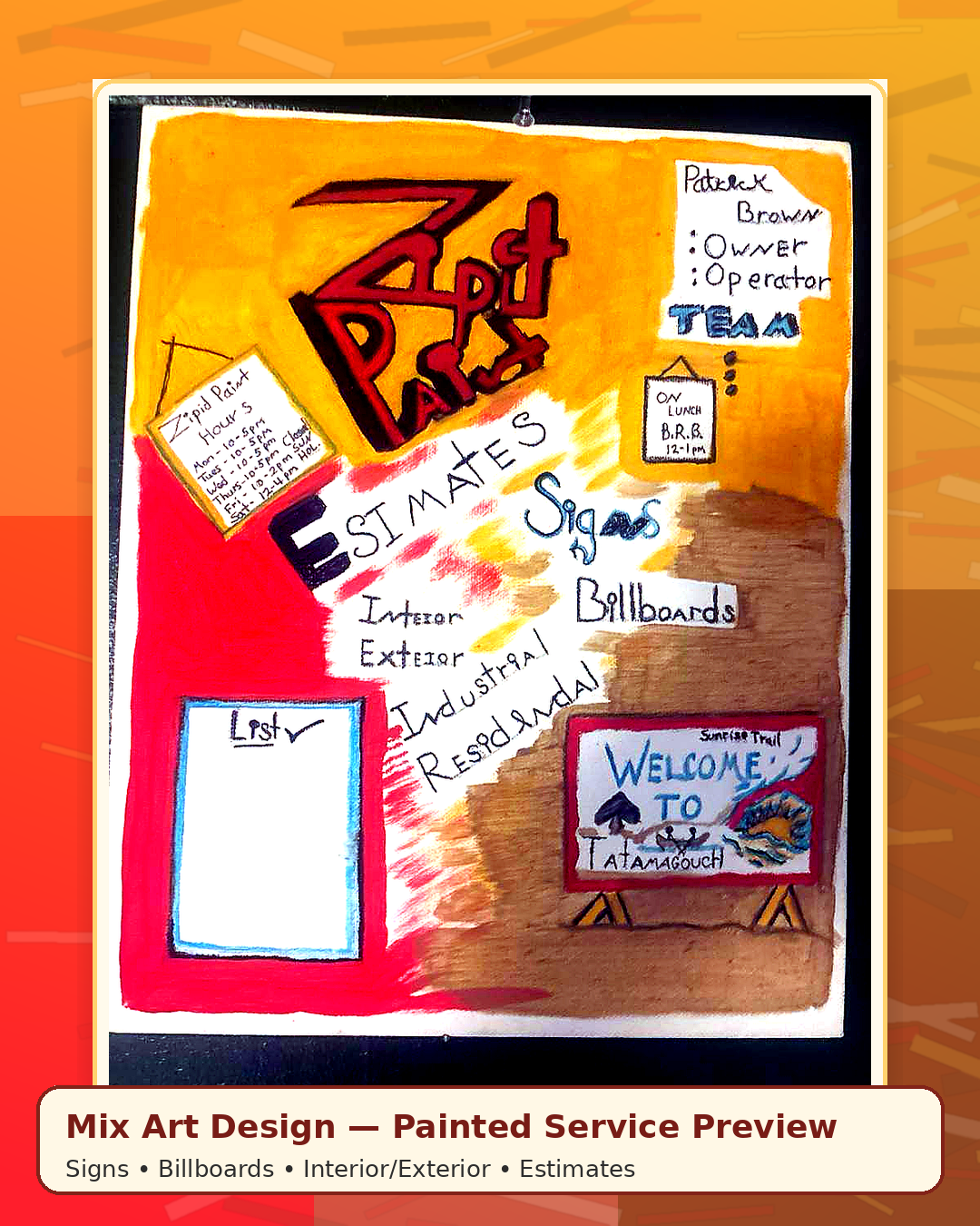 Painted Mix Art Design website preview showing service artwork, signs, billboards, estimates, and painting ideas