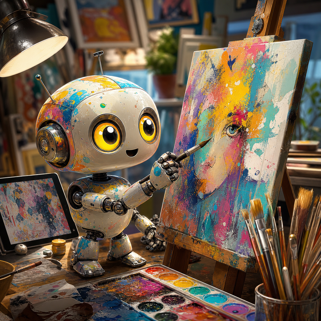 Cute robot artist painting in a colourful studio