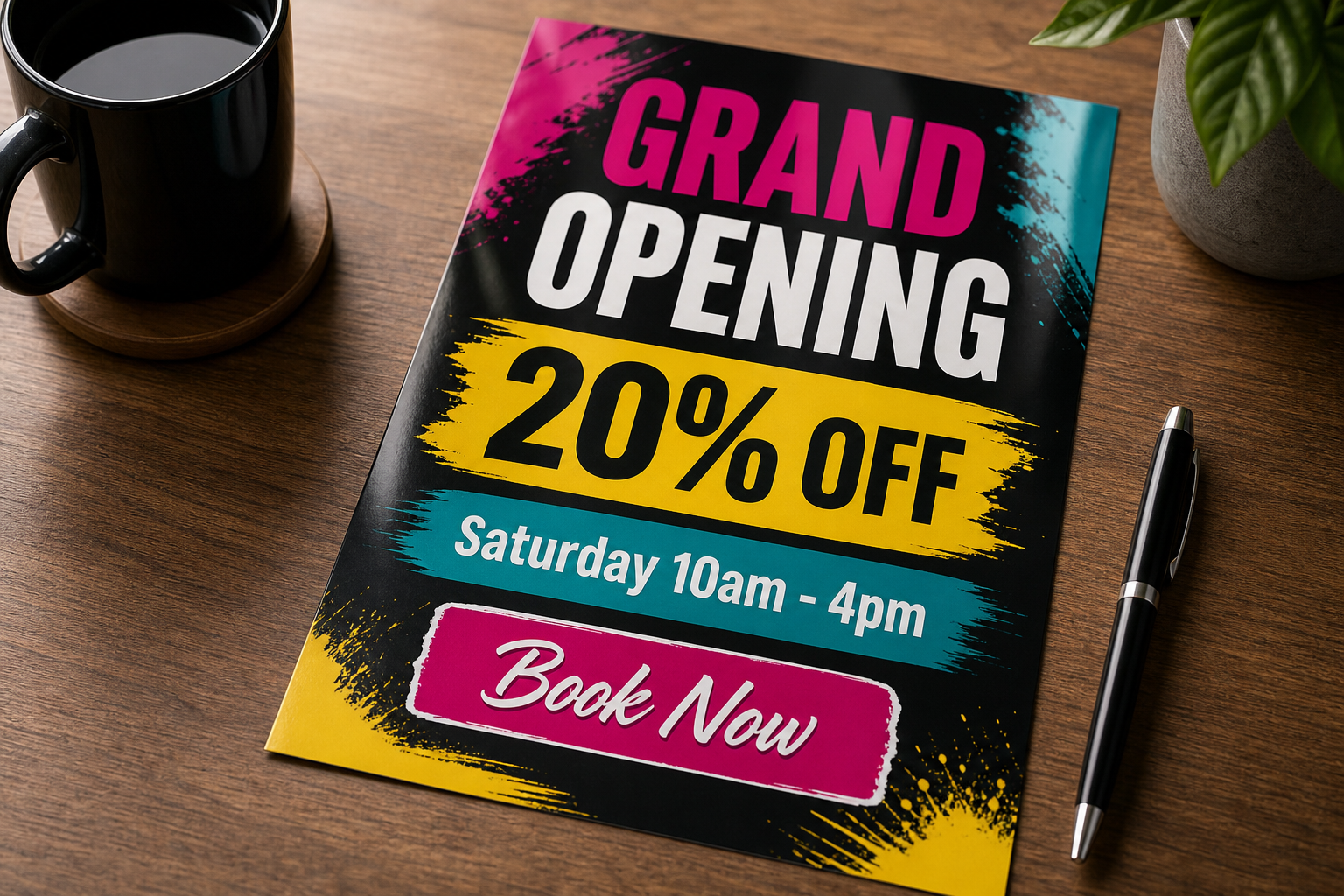 Realistic grand opening flyer mockup with bold colours