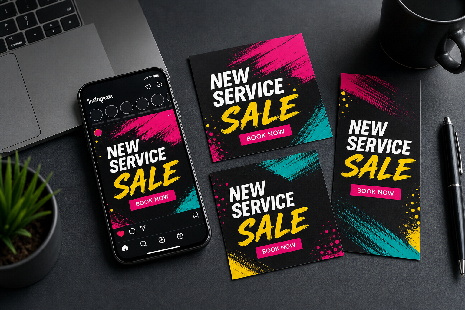 Realistic social media kit mockup with phone and promo cards