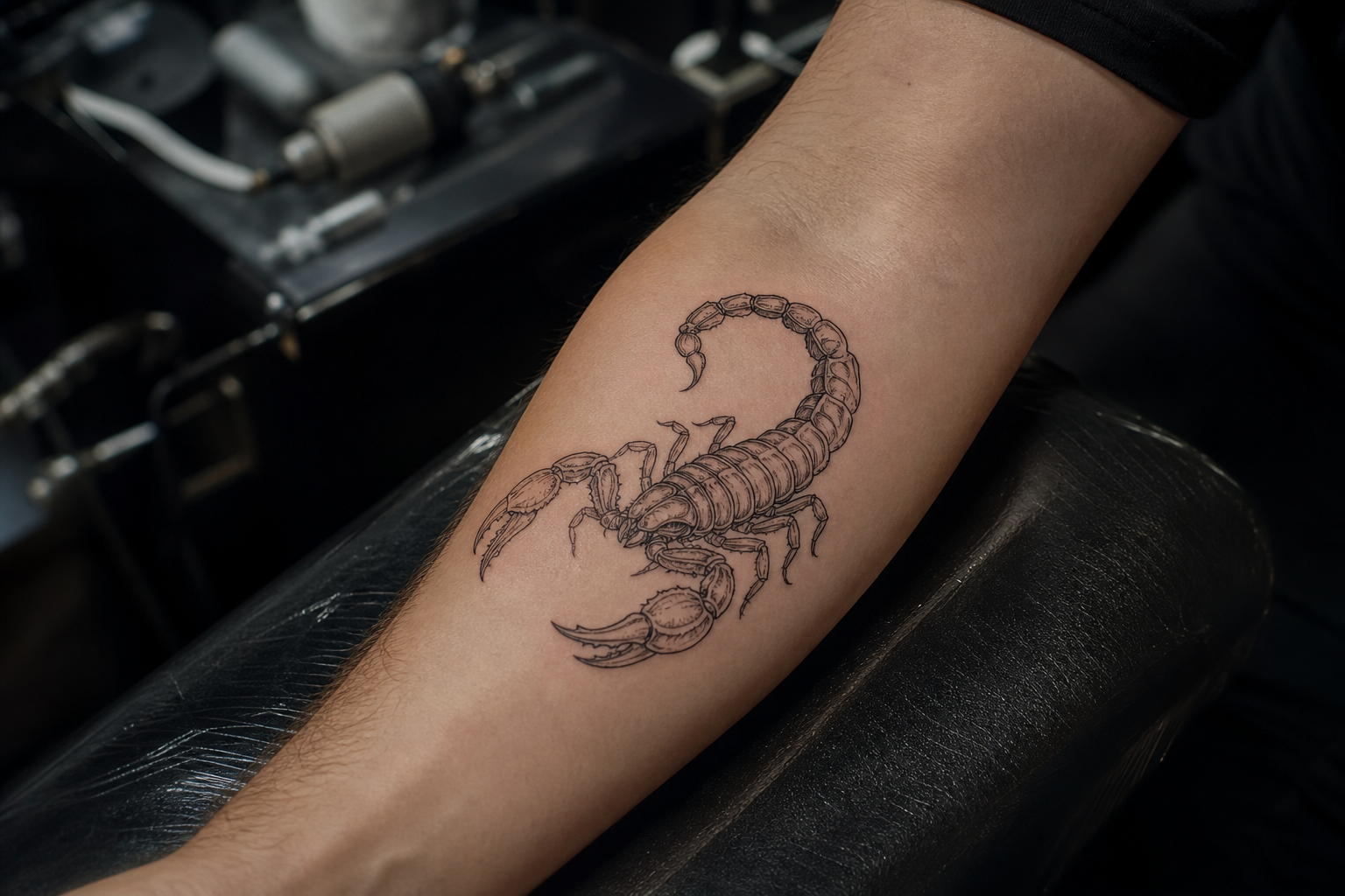 Realistic scorpion tattoo idea mockup on a person's forearm in a tattoo studio