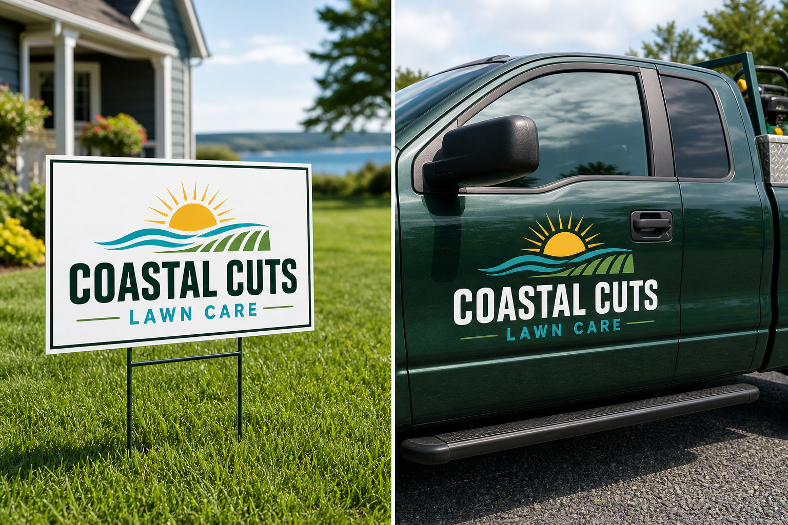 Realistic Coastal Cuts Lawn Care logo mockup on a yard sign and work truck