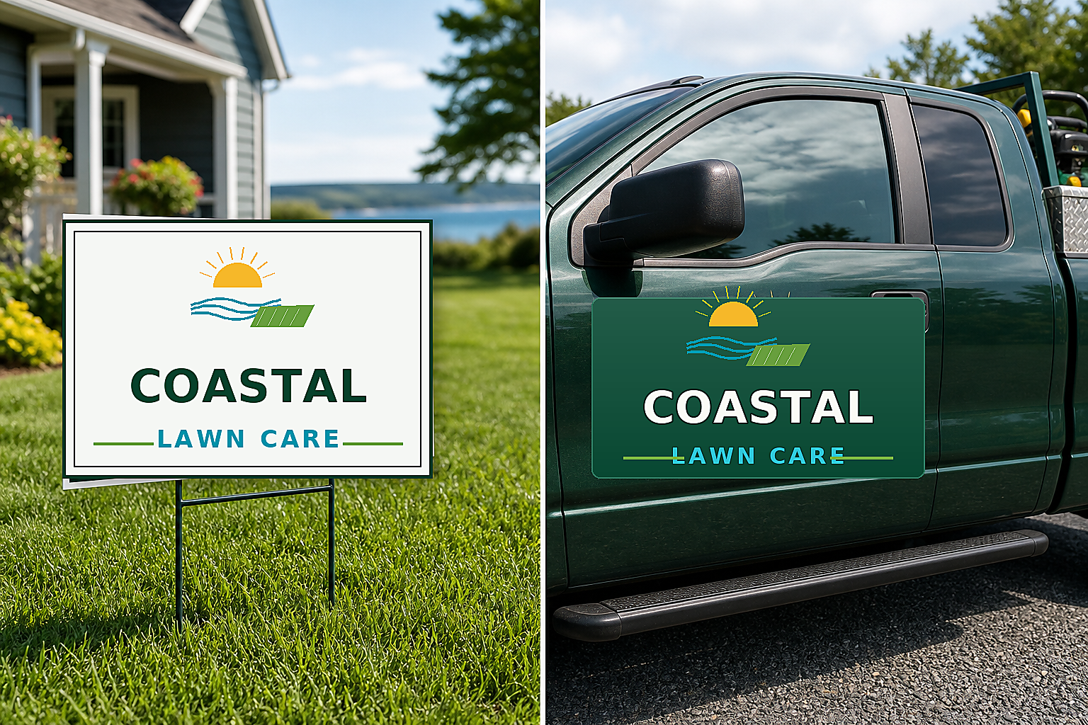 Realistic Coastal Lawn Care logo mockup on a yard sign and work truck