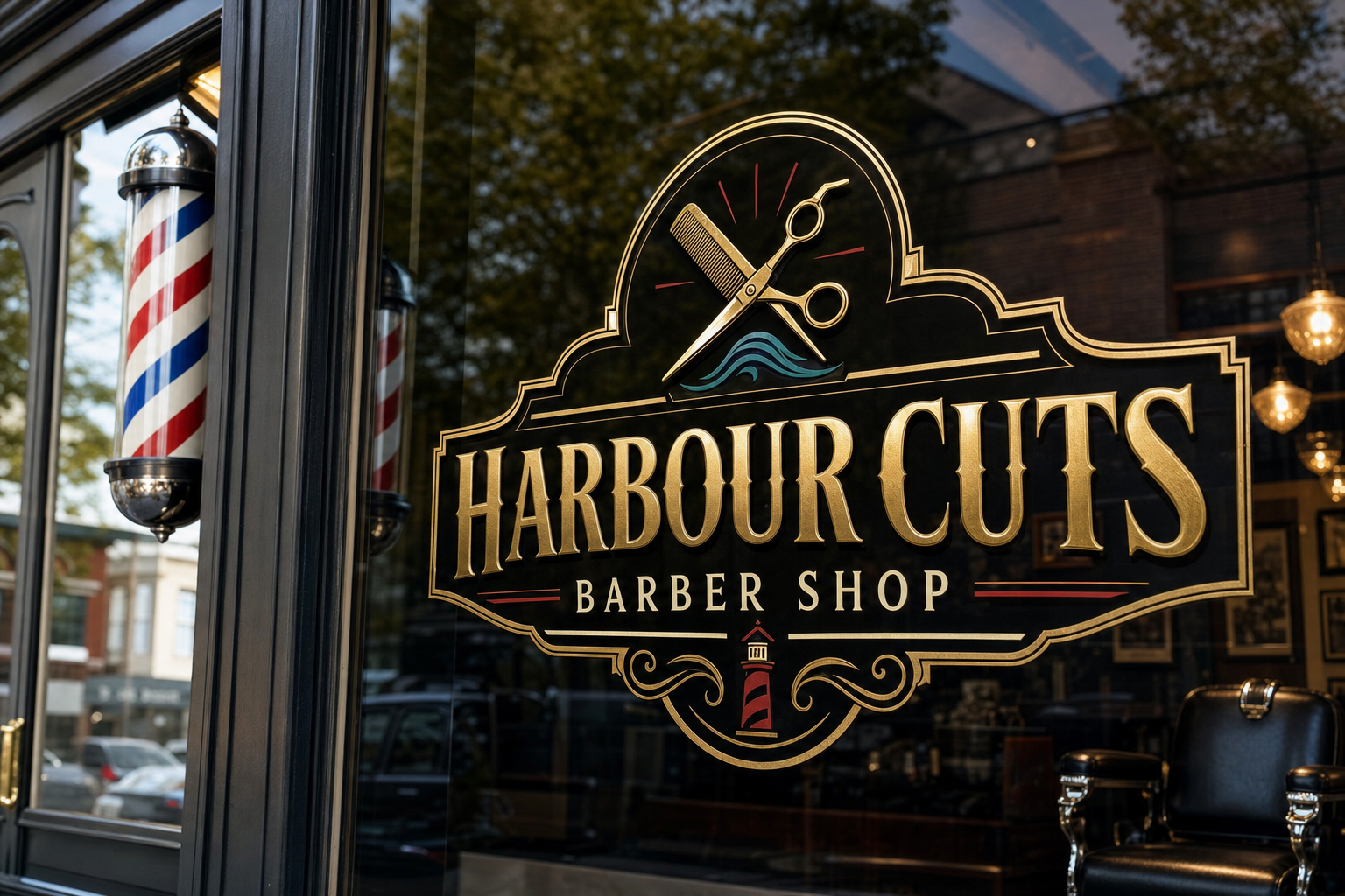 Realistic Harbour Cuts Barber Shop sign in a barber shop window