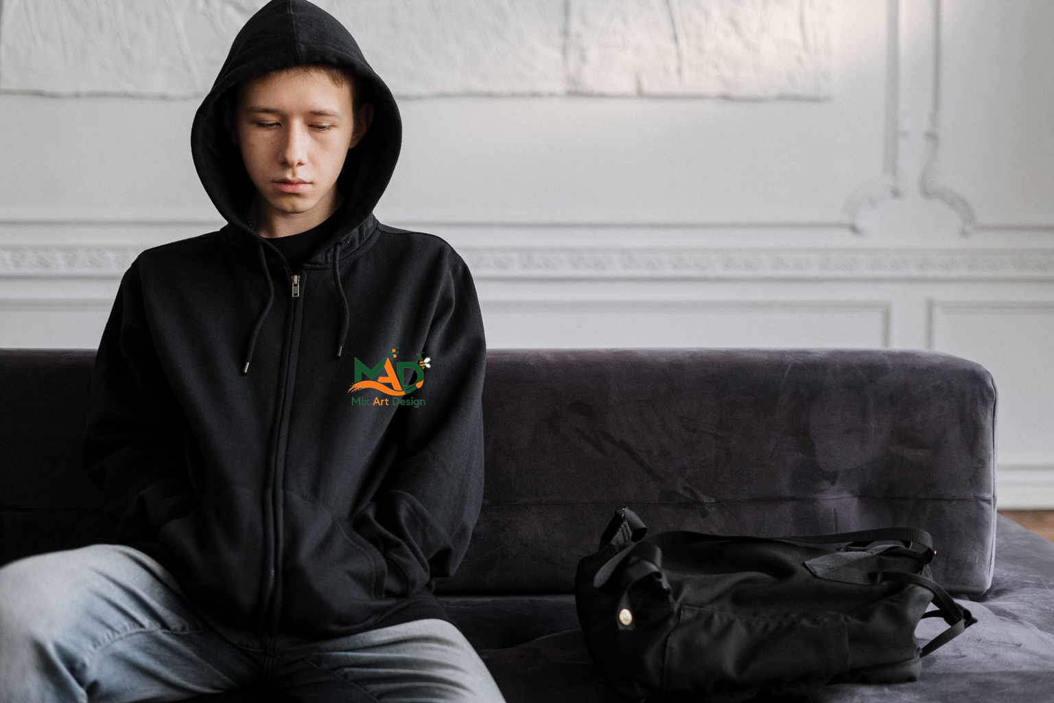 Mix Art Design hoodie print preview modeled with logo artwork